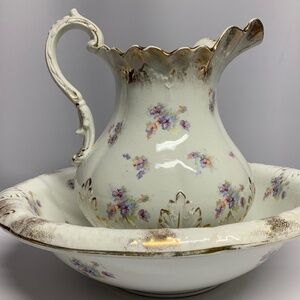 ANTIQUE Mercer Pottery LARGE Pitcher & Wash Basin Semivitreous Floral & White